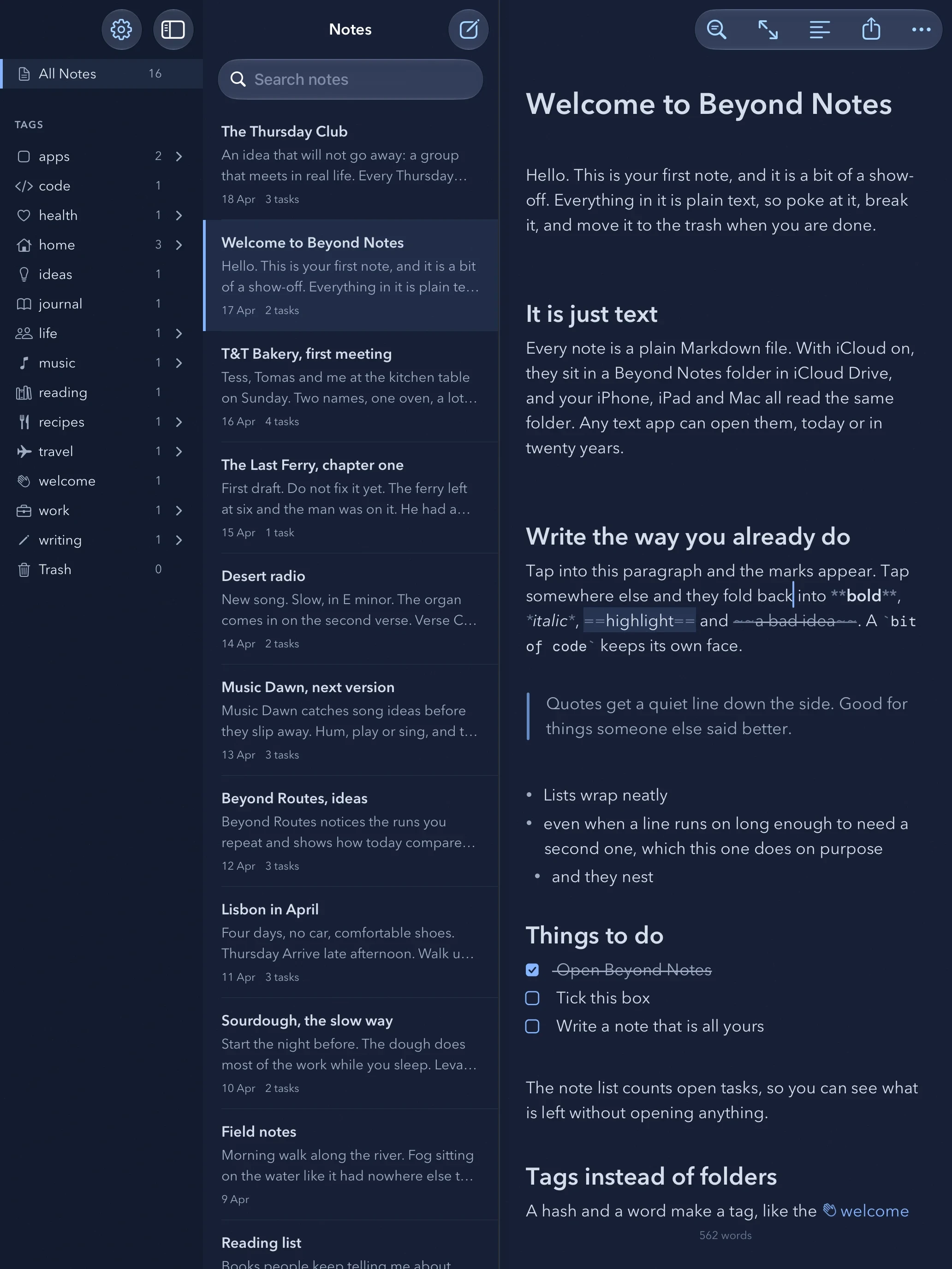 The welcome note on iPad, with headings, a quote, a list and two tasks