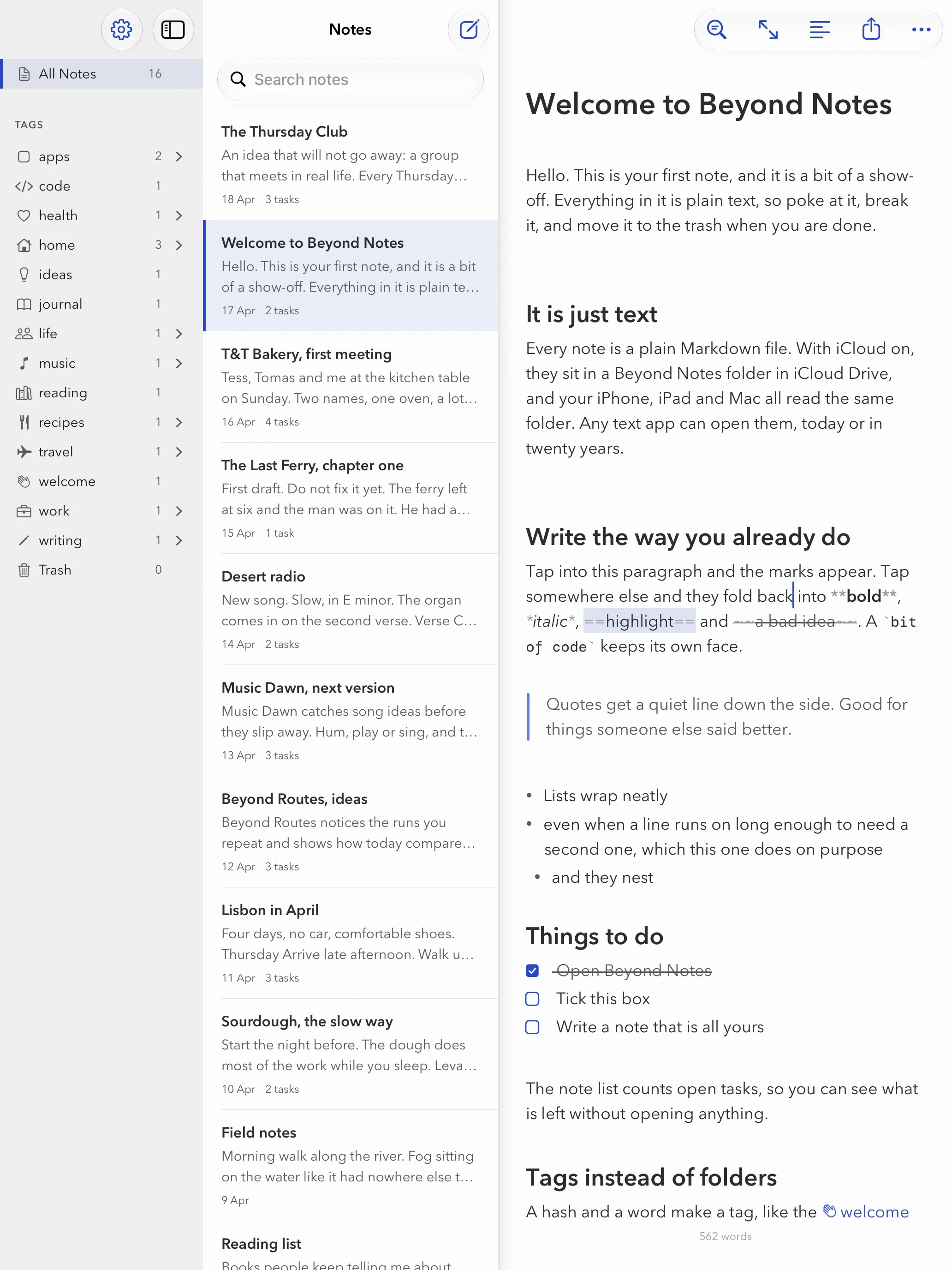 The welcome note on iPad, with headings, a quote, a list and two tasks