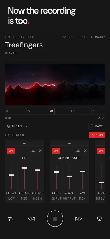 A frame from the app preview: the playback screen with its effect chain.