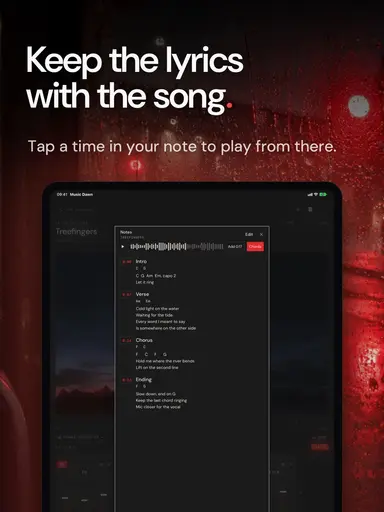 An iPad screenshot: “Keep the lyrics with the song.” over a note with sections, chords and lyrics.