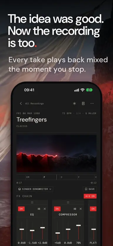 The first iPhone screenshot: “The idea was good. Now the recording is too.” over the playback screen.