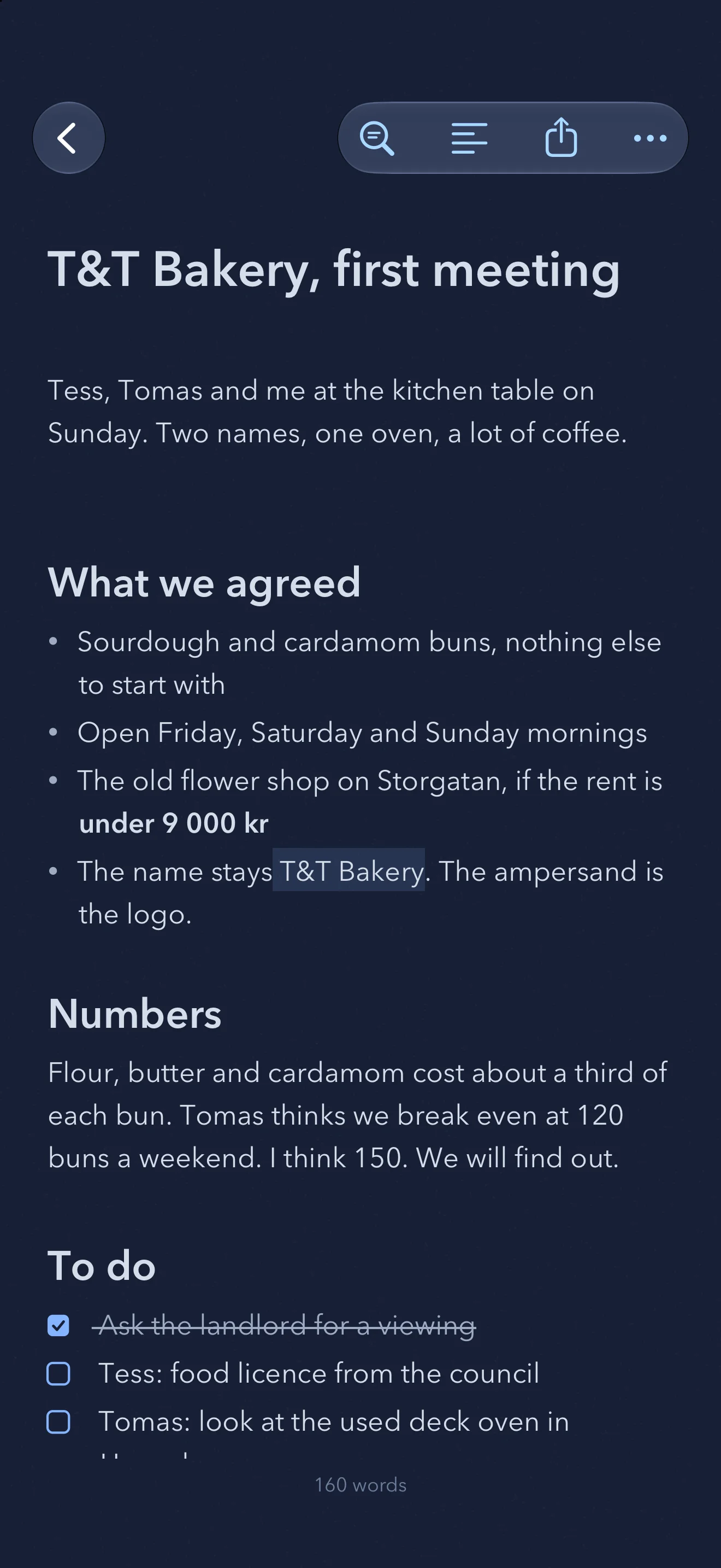 Meeting notes for a new bakery, with decisions and a to-do list