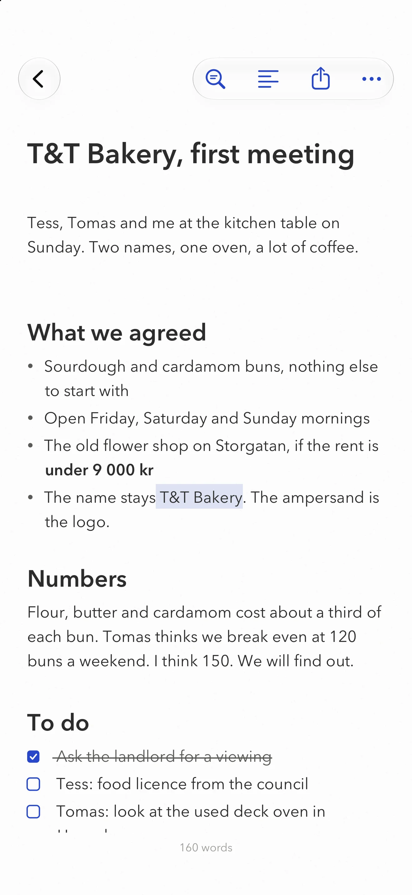 Meeting notes for a new bakery, with decisions and a to-do list