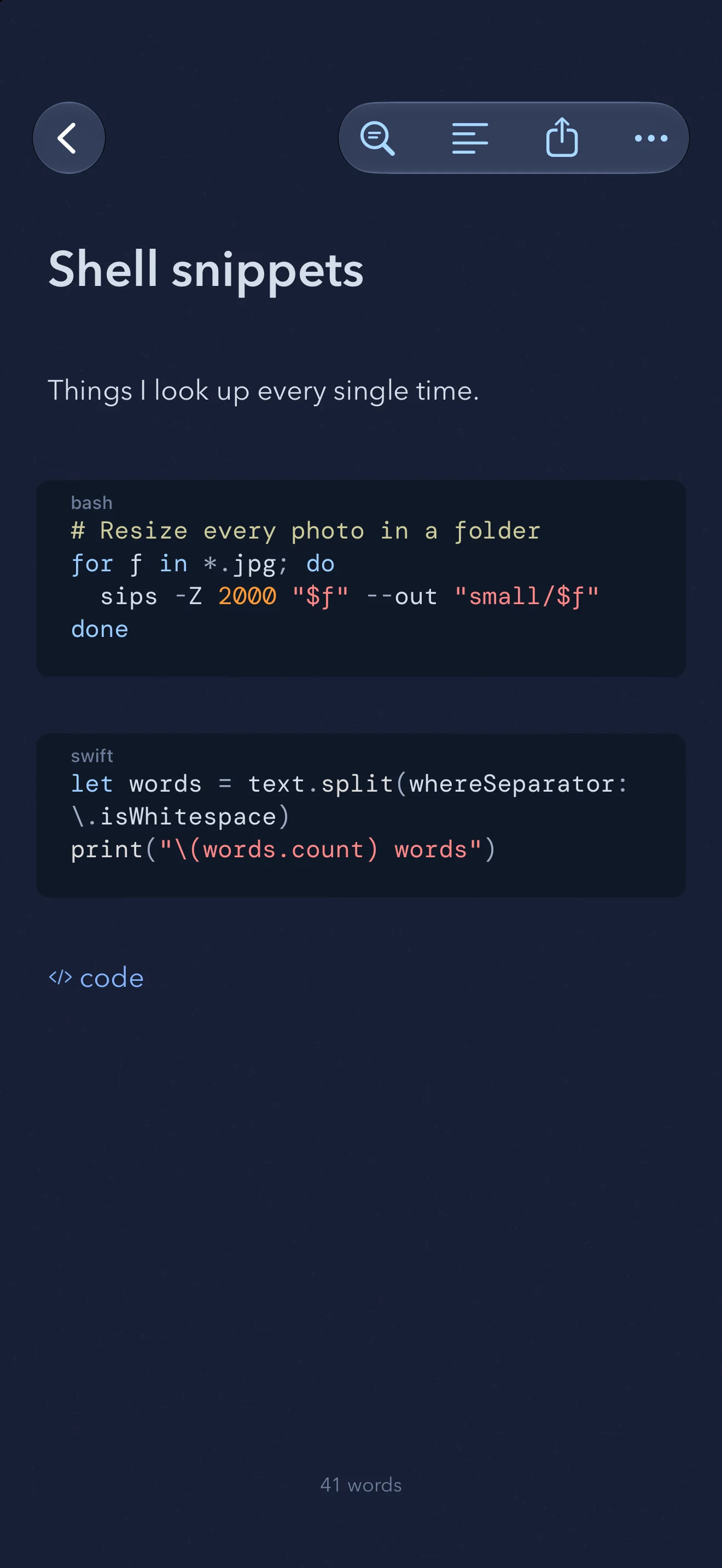Shell and Swift snippets coloured by language in a note