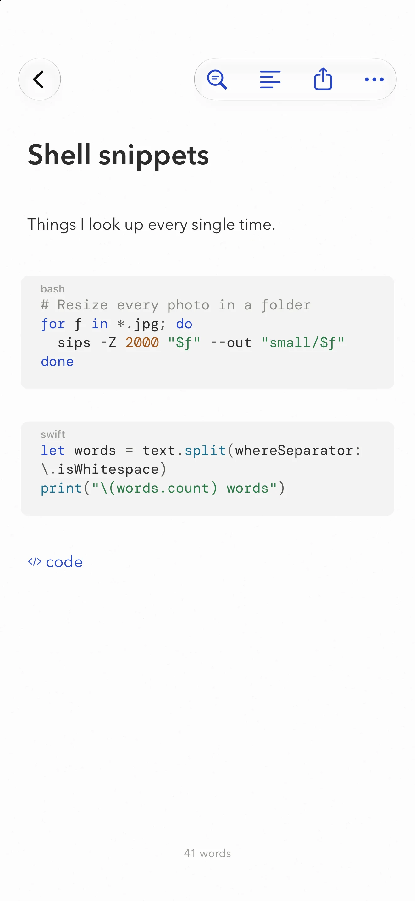 Shell and Swift snippets coloured by language in a note