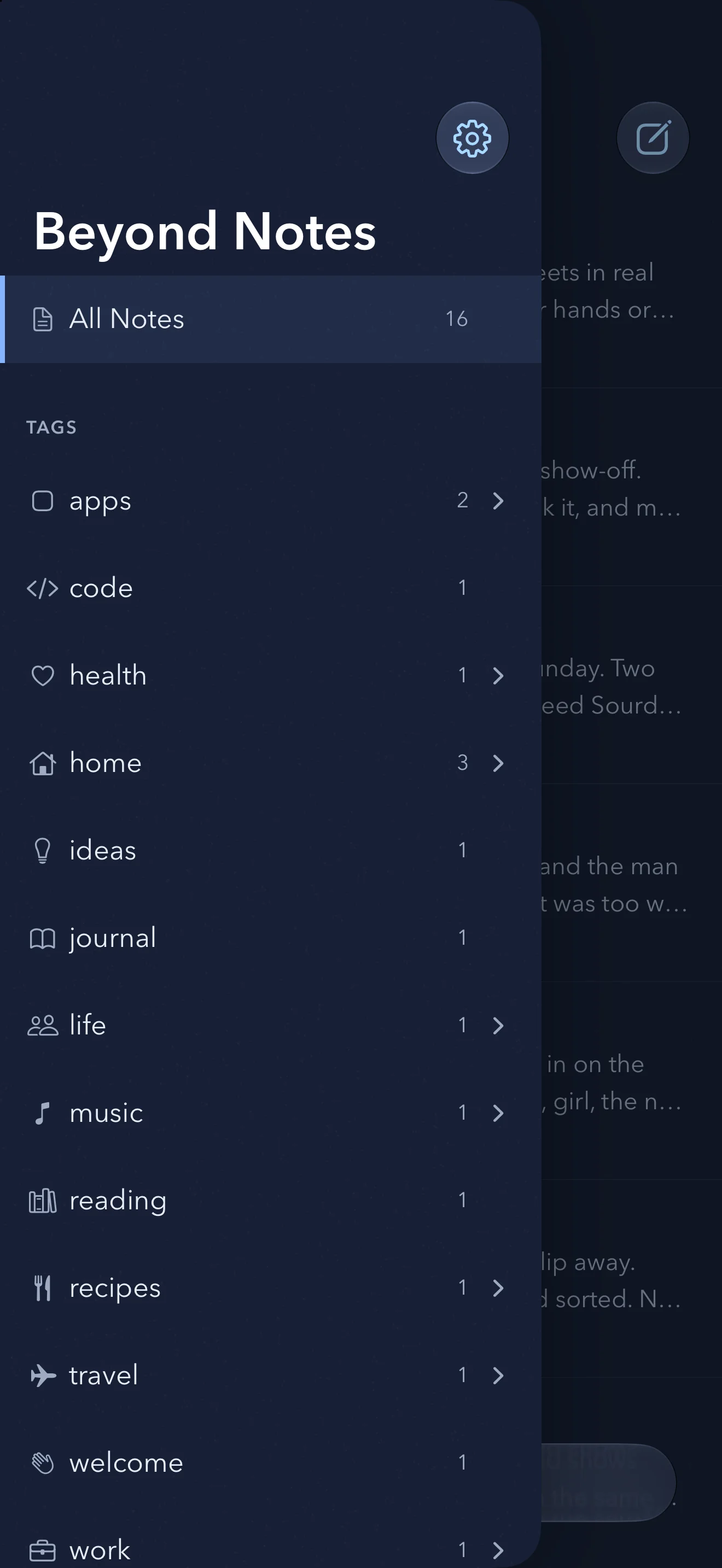 The sidebar on iPhone, with nested tags and a count beside each