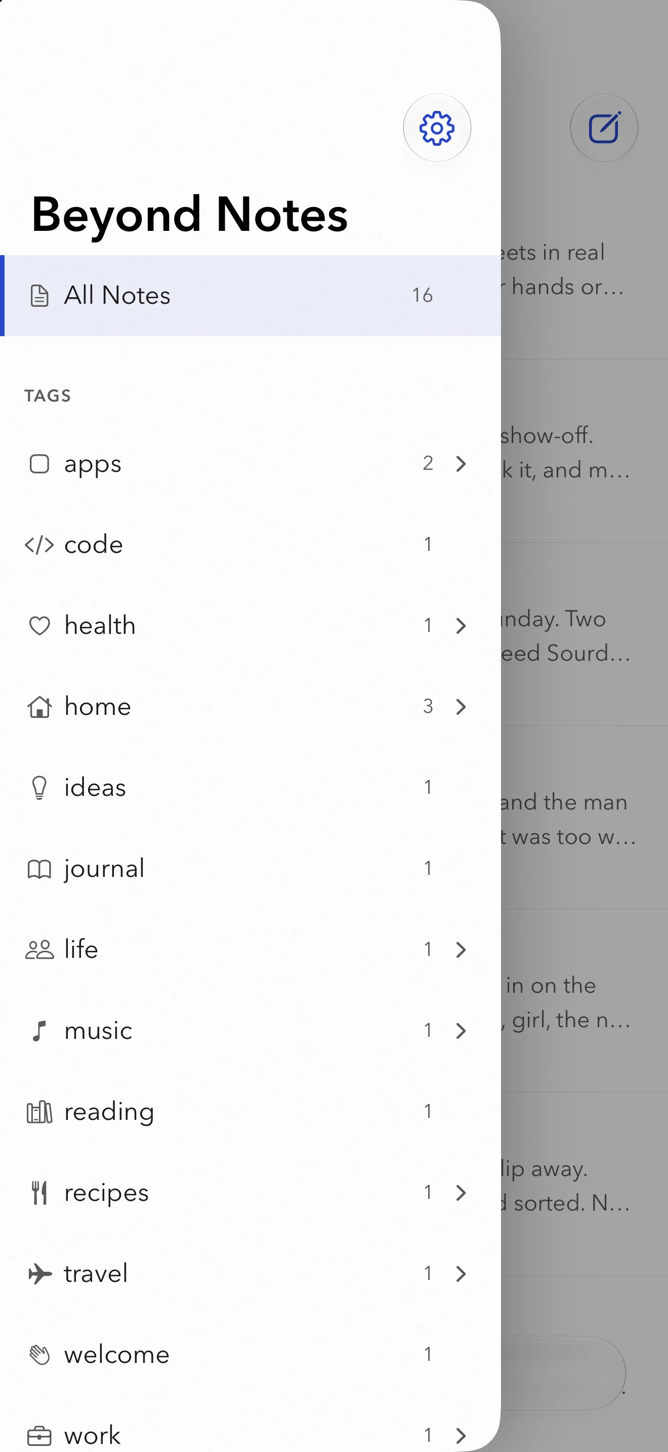 The sidebar on iPhone, with nested tags and a count beside each