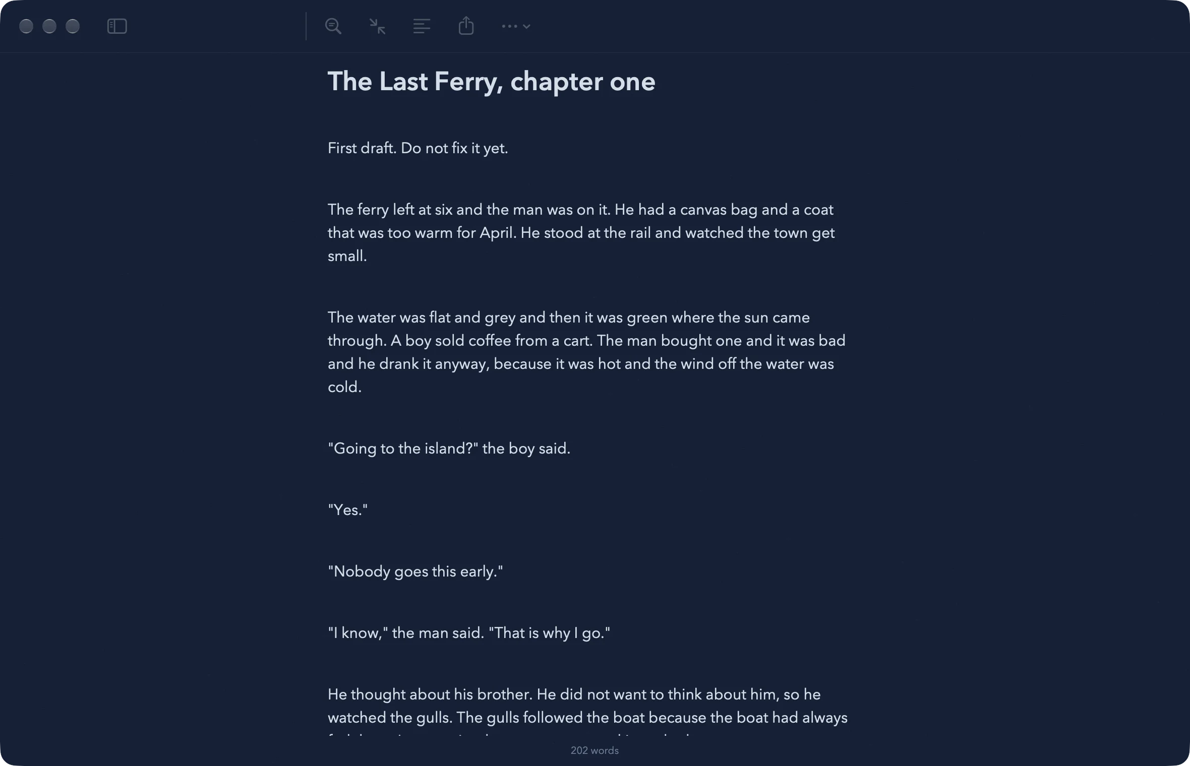 The first chapter of a novel on the Mac, with the whole window given to the page