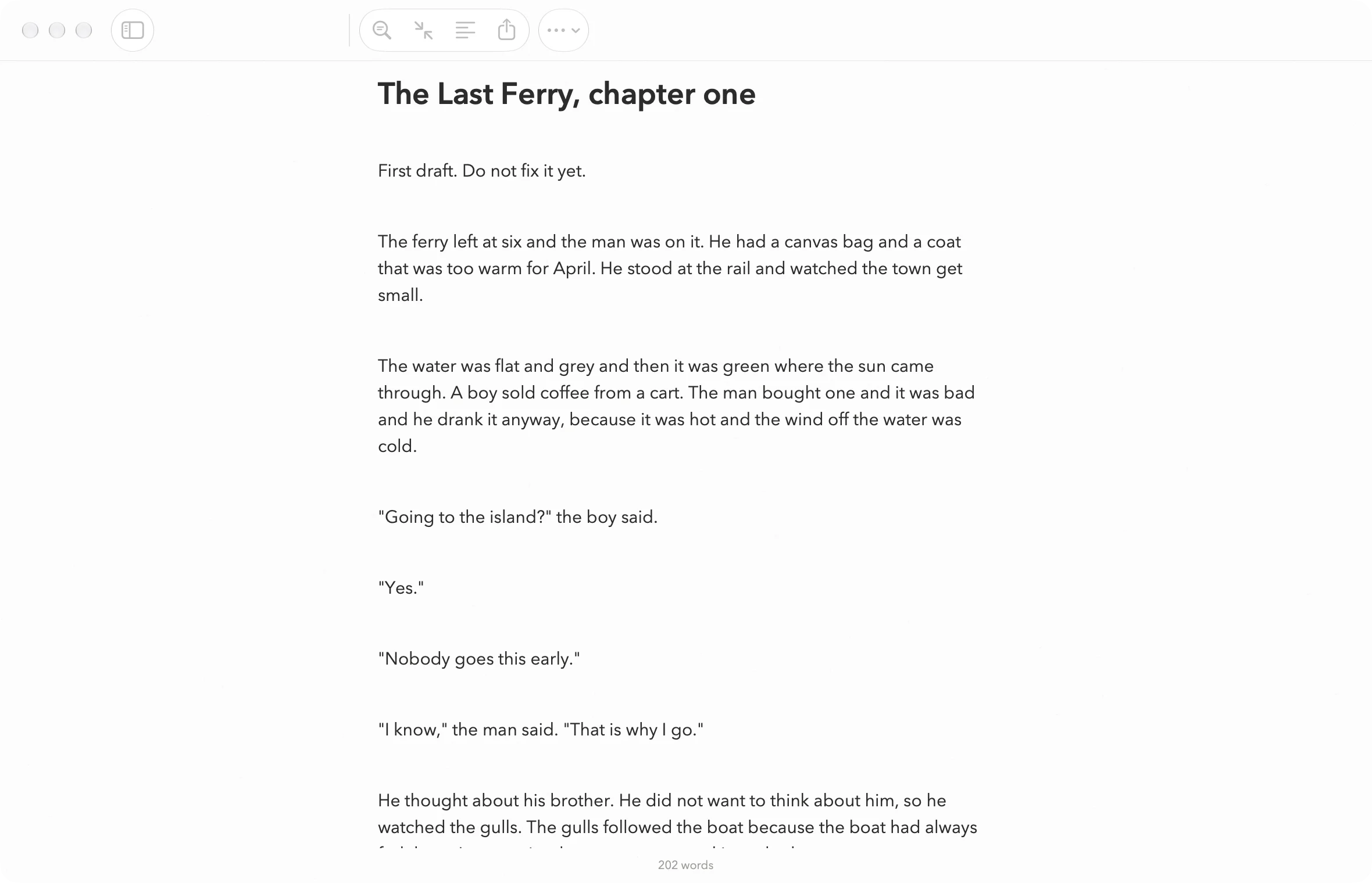 The first chapter of a novel on the Mac, with the whole window given to the page