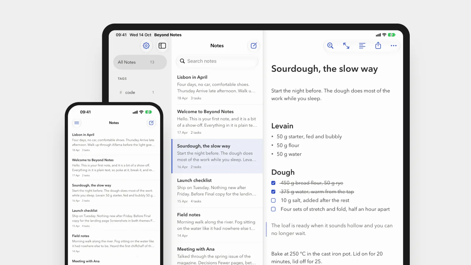 Beyond Notes on iPad and iPhone, a bread recipe beside the note list