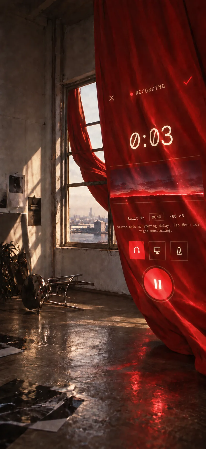 A red curtain blowing into an empty room, with an active Music Dawn recording projected on it.