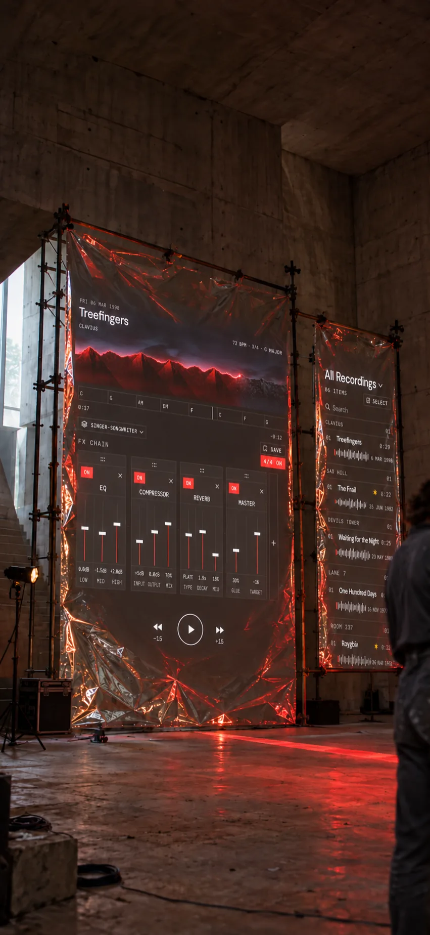 Two hanging sheets of red foil in a concrete hall, with the Music Dawn library projected across both.