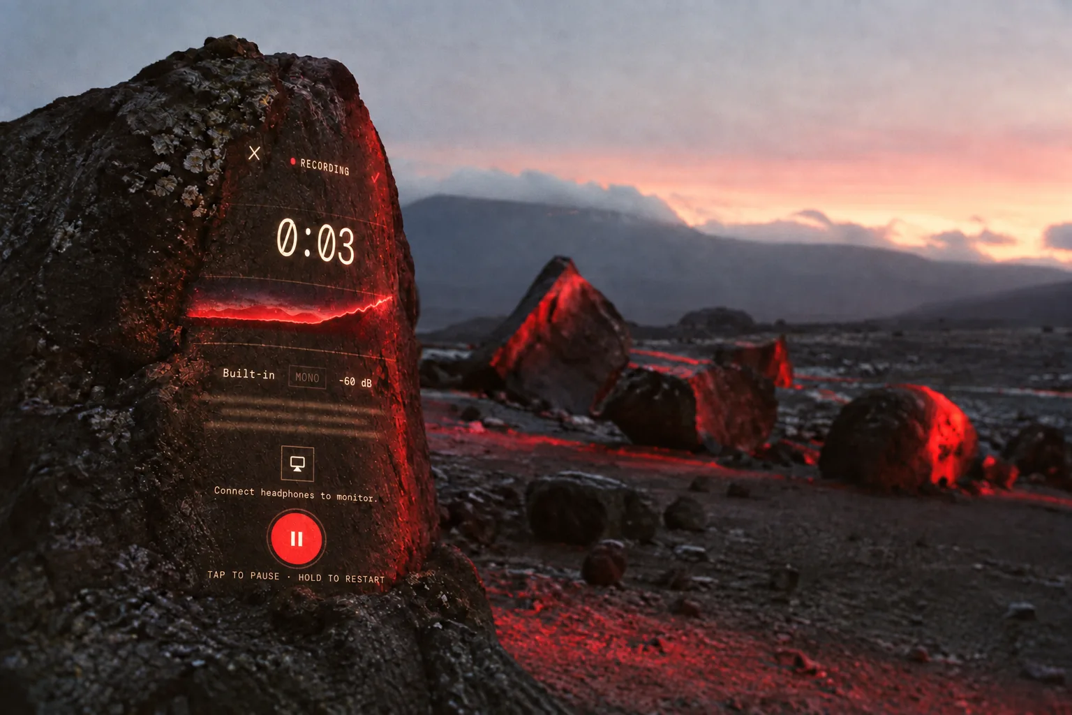 Music Dawn’s record screen projected onto a rock at dusk