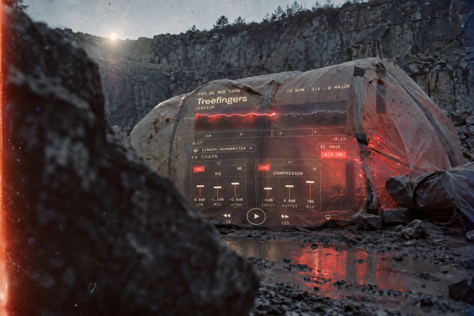 A translucent shelter in a quarry at night, with the Music Dawn playback and effects screen projected onto its skin.