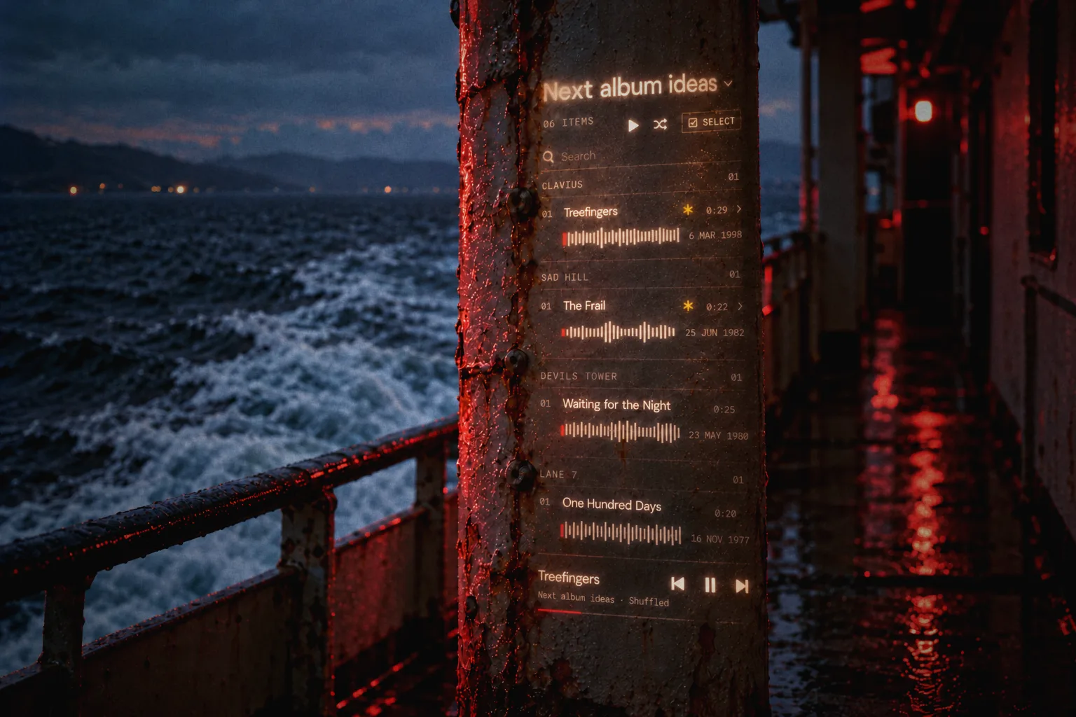 A rusted pillar on a ferry deck at dusk, with a Music Dawn folder and its mini player projected across the steel.