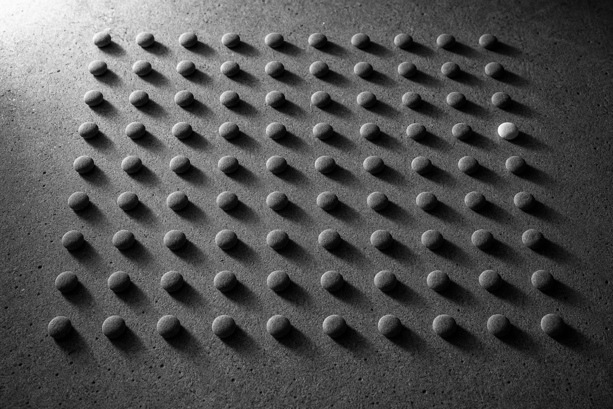 Rows of grey pebbles in a strict grid on concrete, one lighter than the rest